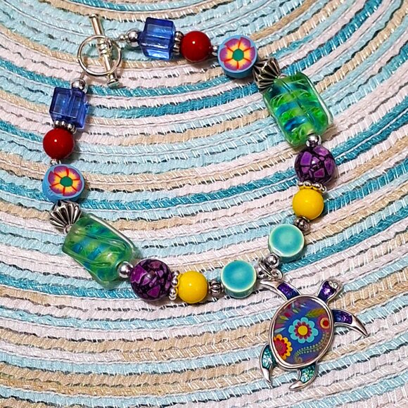 Artisan Hand Crafted Bracelet Turtle Flower Colorful Beaded OSFM - Picture 8 of 10